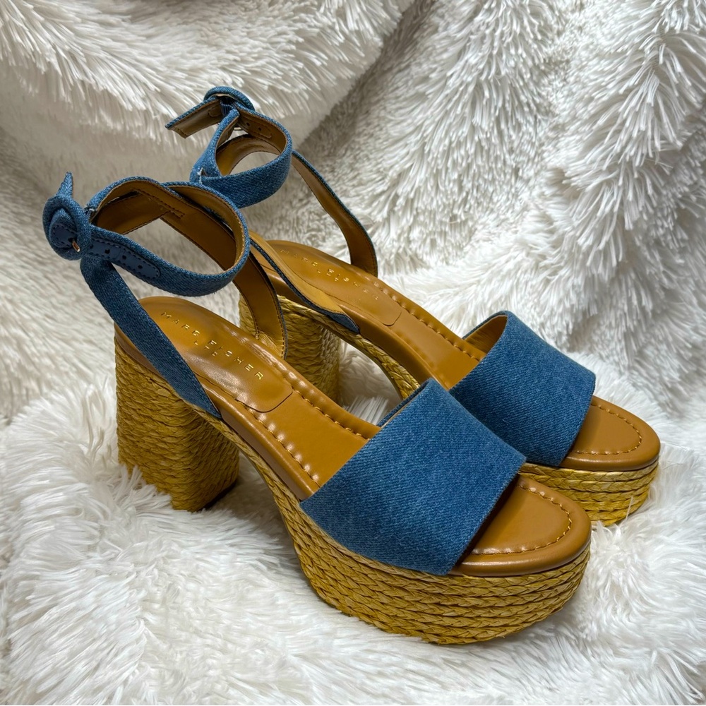 Marc Fisher Denim Espadrille Platform Sandals Ankle Strap Women’s Size 8